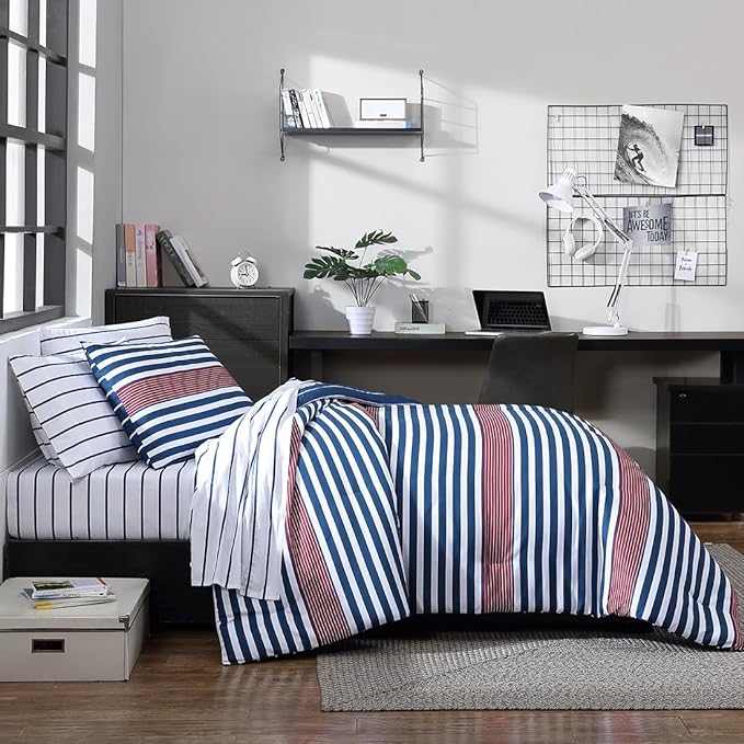 Nautica - Comforter Set, Soft Reversible Bedding with Matching Sham, Striped Home Decor, Dorm Room Essentials (Kennedy Stripe Navy Blue, Twin/Twin XL) - LeafyLoom