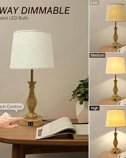 Farmhouse Table Lamp Touch Control 3-Way Dimmable Table Lamp, Modern Nightstand Lamp with 2 USB Port Bedside Desk Lamp with Fabric Shade for Living Room Bedroom Hotel (Pack-01A) - LeafyLoom