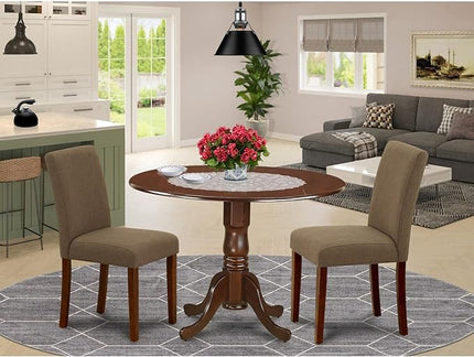 East West Furniture DLAB3-MAH-18 3 Piece Dining Set Contains a Round Dining Room Table with Dropleaf and 2 Coffee Linen Fabric Upholstered Parson Chairs, 42x42 Inch, Mahogany - LeafyLoom