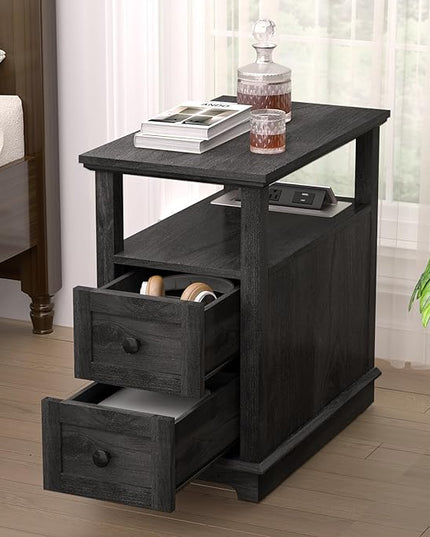 HIFYOBRO End Table with 2 Drawers, Storage Side Table with Flip Top Fast Charging Station, Type-C & USB port & Power outlets, Wooden Storage Cabinet for Living Room and Bedroom - LeafyLoom
