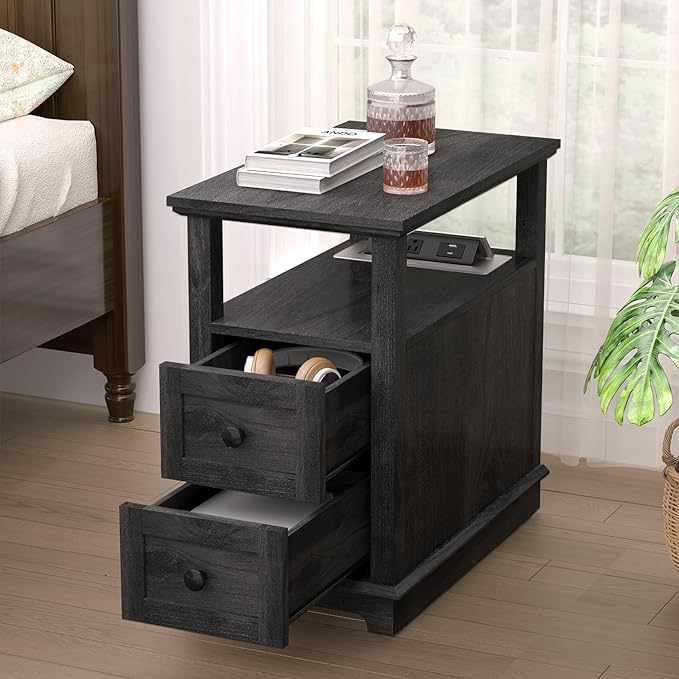 HIFYOBRO End Table with 2 Drawers, Storage Side Table with Flip Top Fast Charging Station, Type-C & USB port & Power outlets, Wooden Storage Cabinet for Living Room and Bedroom - LeafyLoom