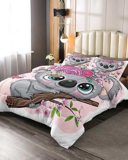 Erosebridal Cartoon Koala Comforter Set King Size, Cute Koala Bedding Set, Cherry Blossom Rose Quilted Duvet for Kids Baby Toddler, Nursery Quilt Set, Butterfly Branch Leaves Duvet Set - LeafyLoom