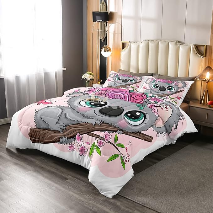 Erosebridal Cartoon Koala Comforter Set King Size, Cute Koala Bedding Set, Cherry Blossom Rose Quilted Duvet for Kids Baby Toddler, Nursery Quilt Set, Butterfly Branch Leaves Duvet Set - LeafyLoom