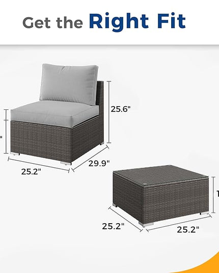 Wisteria Lane 2 Pieces Patio Furniture Sets, Outdoor Sectional Furniture with Armless Sofa, Tempered Glass Table and Cushion, Patio Conversation Sets for Garden Backyard, Grey - LeafyLoom