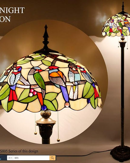 WERFACTORY Tiffany Floor Lamp Double Birds Amber Stained Glass Standing Reading Light 16X16X64 Inches Antique Pole Corner Lamp Decor Bedroom Living Room Home Office S805 Series - LeafyLoom