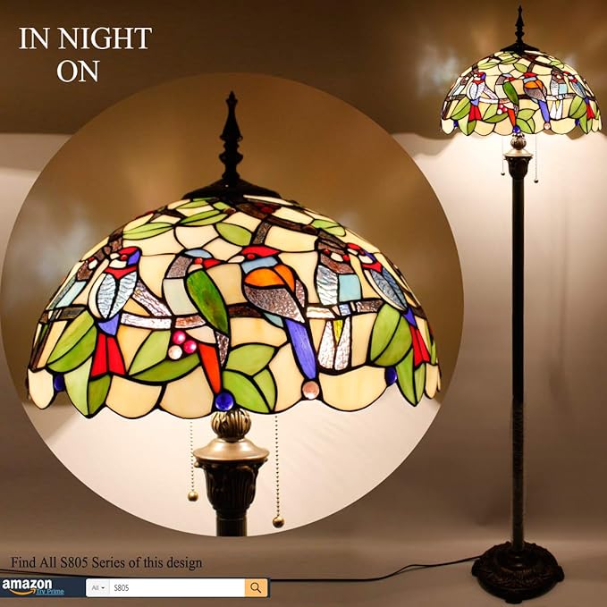 WERFACTORY Tiffany Floor Lamp Double Birds Amber Stained Glass Standing Reading Light 16X16X64 Inches Antique Pole Corner Lamp Decor Bedroom Living Room Home Office S805 Series - LeafyLoom