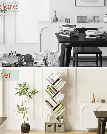 Vagusicc 6 Tier Tree Bookshelf - Retro Shelf Floor Standing Bookcase with Baskets, Tall Wood Book Storage Rack for Books/CDs, Tree Utility Book Organizer Shelves for Living Room, Home Office, Bedroom - LeafyLoom