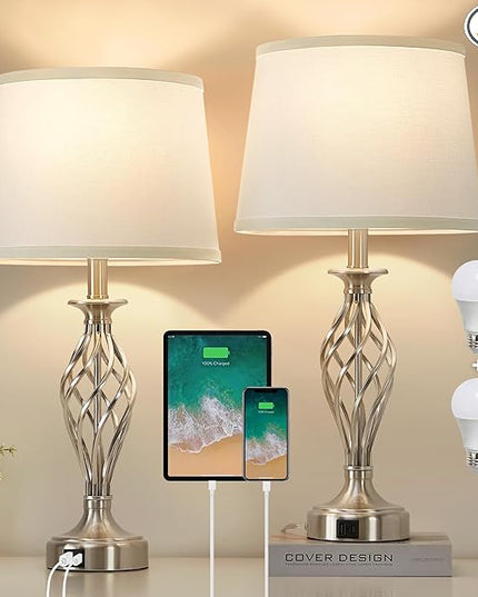 Table Lamp for Bedroom Set of 2 with USB C+A Ports, Modern Bedside Lamps with Spiral Cage Base, White Fabric Shade, Nightstand Lamp for Living Room Reading Bed Side End Table, 2 LED Bulbs Included - LeafyLoom