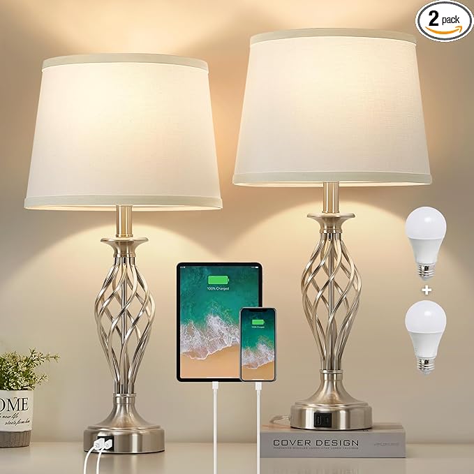Table Lamp for Bedroom Set of 2 with USB C+A Ports, Modern Bedside Lamps with Spiral Cage Base, White Fabric Shade, Nightstand Lamp for Living Room Reading Bed Side End Table, 2 LED Bulbs Included - LeafyLoom