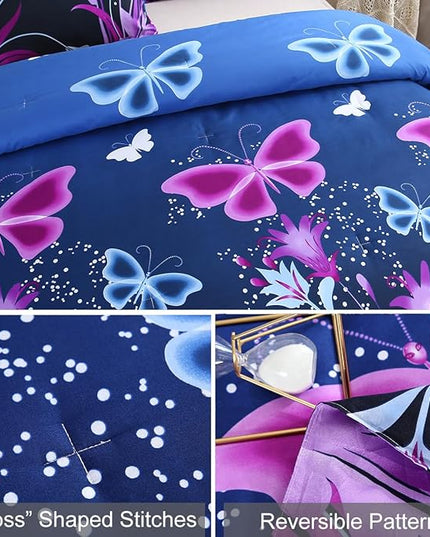 WINLIFE Butterfly Comforter Set Full Size for Girls Purple Blue Black Butterflies Printed Bedding Set for All Season, Soft Breathable & Light Bed Sets - LeafyLoom