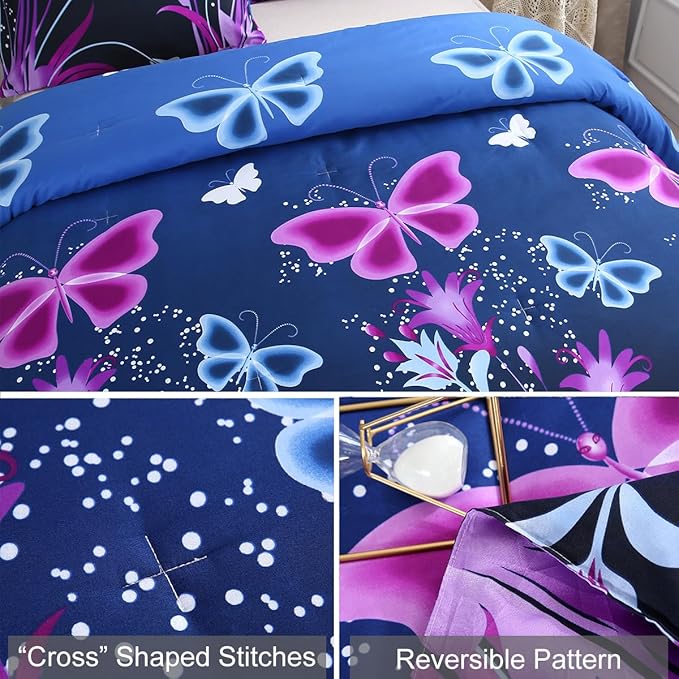 WINLIFE Butterfly Comforter Set Full Size for Girls Purple Blue Black Butterflies Printed Bedding Set for All Season, Soft Breathable & Light Bed Sets - LeafyLoom