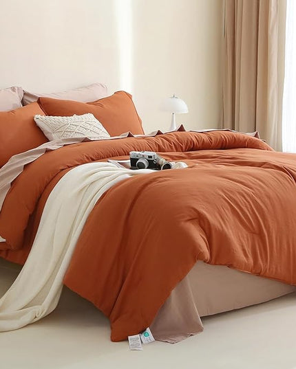 MILDLY Full Size Comforter Set 7 Piece Color Clash, Rust Bed in a Bag, All Season Bedding Sets with 1 Comforter, 2 Pillow Shams, 2 Pillowcases, 1 Flat Sheet, 1 Fitted Sheet - LeafyLoom