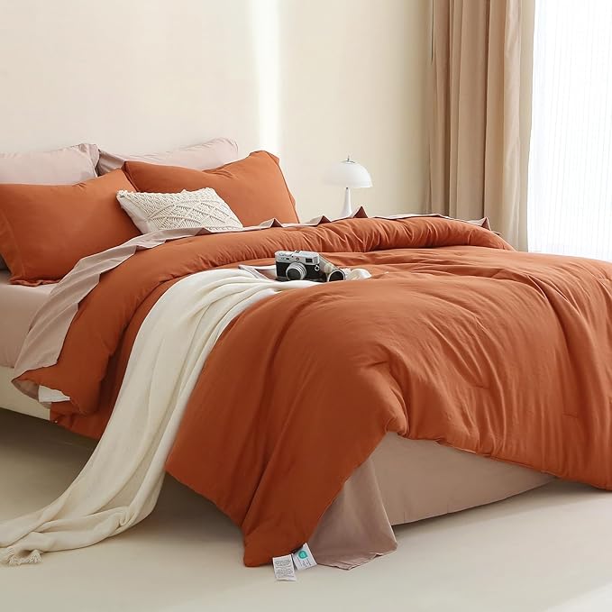 MILDLY Full Size Comforter Set 7 Piece Color Clash, Rust Bed in a Bag, All Season Bedding Sets with 1 Comforter, 2 Pillow Shams, 2 Pillowcases, 1 Flat Sheet, 1 Fitted Sheet - LeafyLoom