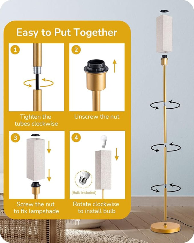 EDISHINE Modern Corner Floor Lamp with Remote, Stepless Dimmable Minimalist Reading Lamp, 65" Tall Pole Lamp for Living Room, Bedroom, Office, 9W LED Bulb Included (Gold) - LeafyLoom