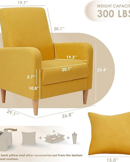 COLAMY Modern Upholstered Accent Chair Armchair with Pillow, Fabric Reading Living Room Side Chair,Single Sofa with Lounge Seat and Wood Legs, Yellow - LeafyLoom