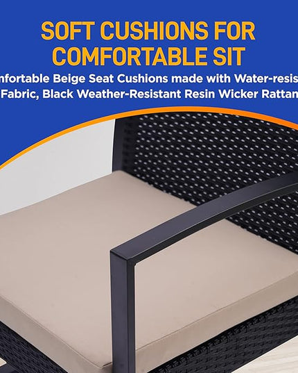 SereneLife Patio Outdoor Furniture, 3 Pcs. Per Set-includes 2 Single Chairs with Soft Cushion and 1 Glass-top Coffee Table, Black Weather-Resistant Resin Wicker Rattan, Brown - LeafyLoom