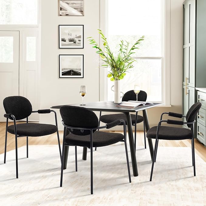 COLAMY Modern Accent Dining Chairs Set of 4, Boucle Dining Chairs with Arms, Comfy Small Sherpa Dining Armchairs with Back for Kitchen, Dining Room, Restaurant, Black - LeafyLoom