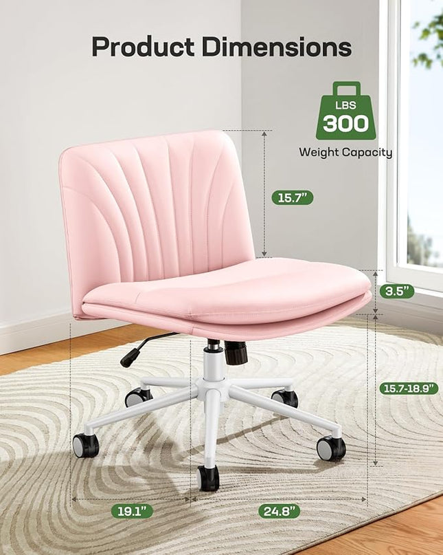 Marsail Armless-Office Desk Chair with Wheels: PU Leather Cross Legged Wide Chair,Comfortable Adjustable Swivel Computer Task Chairs for Home,Office,Make Up,Small Space,Bed Room, Pink - LeafyLoom