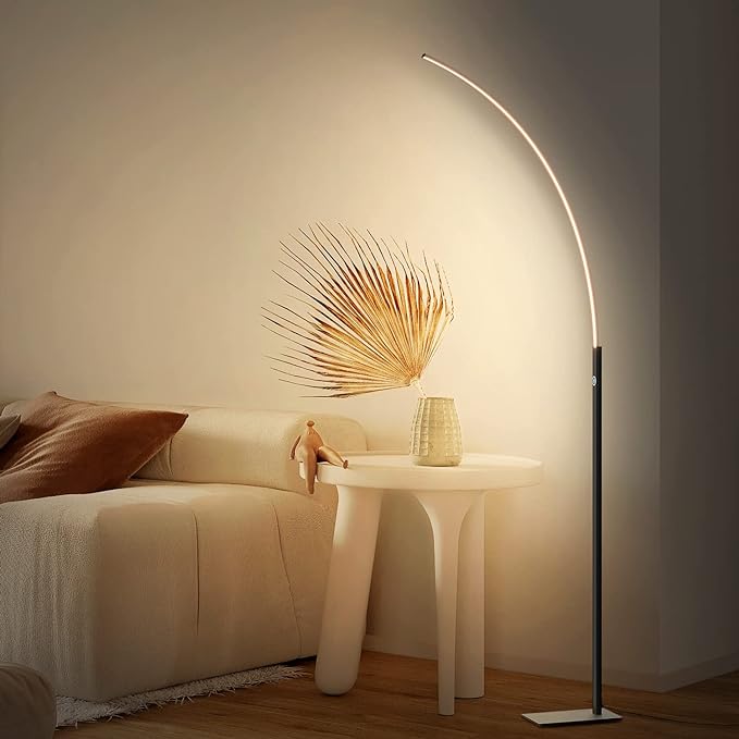 Arc Corner Floor Lamp - 3000K Warm White & 3 Brightness Presets - Curved LED Standing Lamp with Touch Switch - 63" Modern Floor Lamp for Living Room, Bedroom (Black) - LeafyLoom
