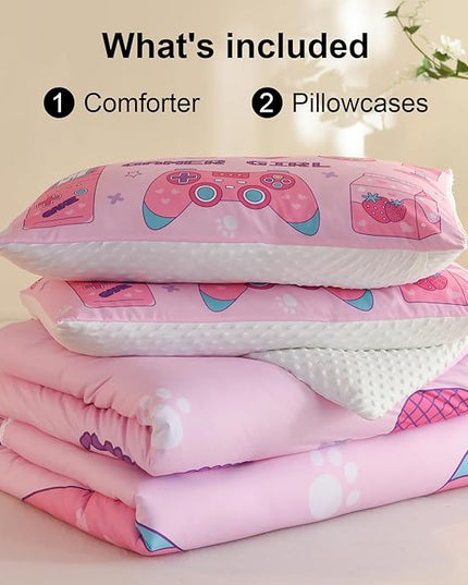 Video Game Queen Size Comforter Set for Girls Kids Teens 3D Gaming Controller Pattern Gamepad Print Bedding Set- 3 Piece Pink Quilt with 2 Pillowcases (90"x90") - LeafyLoom