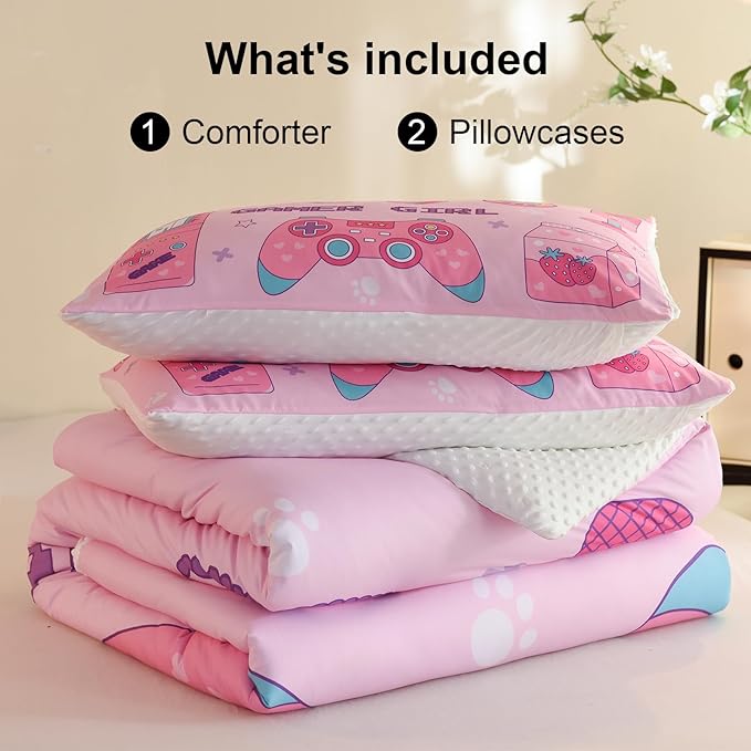 Video Game Queen Size Comforter Set for Girls Kids Teens 3D Gaming Controller Pattern Gamepad Print Bedding Set- 3 Piece Pink Quilt with 2 Pillowcases (90"x90") - LeafyLoom