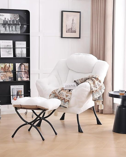 LITA Lazy Chair with Ottoman, Modern Accent Leisure Upholstered Sofa Chair, Lounge Reading Chair with Armrests and a Side Pocket for Living Room, Bedroom & Small Space, Plush White - LeafyLoom