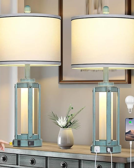Farmhouse Lamps Set of 2, 26" Vintage Rustic Industrial Beside Lamps with USB A+C Charging Ports & AC Outlet, Nightstand Metal Lamp with LED Night Light & Fabric Shade for Living Room Bedrooms Blue - LeafyLoom