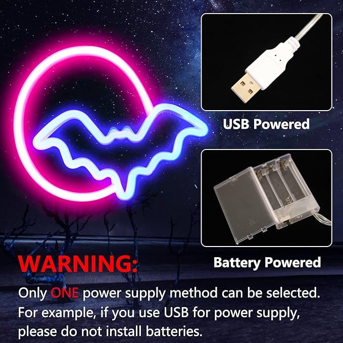 Bat Neon Signs Halloween Decorations, Moon&Bat LED Neon Lights for Wall Decor Battery/USB Operated Night Lights Bat&Moon Lamp for Home, Christmas, Teen Kids Game Room Decor (Pink Moon&Blue Bat) - LeafyLoom