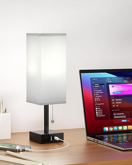 Gray Small Bedroom Lamp - 3 Color Temperature 3000K 5000K 4000K Bedside Lamp, Pull Chain Control, USB A and C Charging Ports, Black Base, for Kids Office Dorm, Bulb Included - LeafyLoom