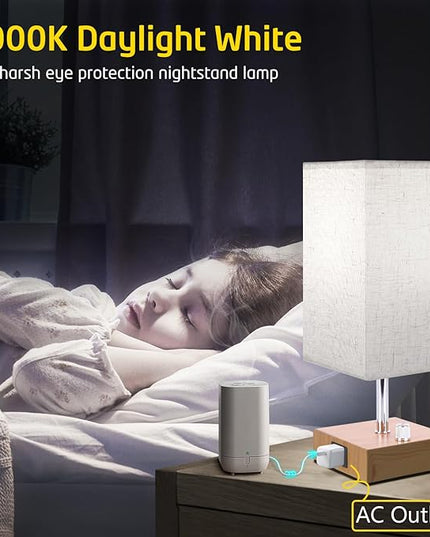 Small Bedside Lamps Set of 2, Fully Table Lamp for Bedroom Office, Nightstand Lamp with USB C+A Ports & AC Outlet, Square Beige Fabric Shade Wood Grain Metal Base(LED Blubs Included) - LeafyLoom