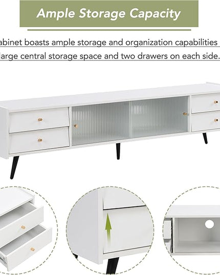 Merax Contemporary TV Stand with Sliding Fluted Glass Doors and Golden Metal Handles, Slanted Drawers Media Console for Television Up to 70", Chic Elegant Storage Cabinet, 66.9" Length, White - LeafyLoom
