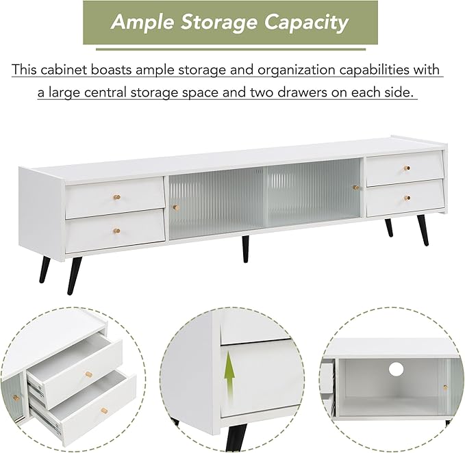 Merax Contemporary TV Stand with Sliding Fluted Glass Doors and Golden Metal Handles, Slanted Drawers Media Console for Television Up to 70", Chic Elegant Storage Cabinet, 66.9" Length, White - LeafyLoom
