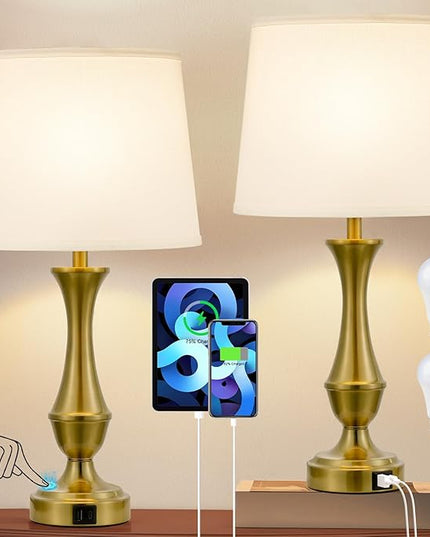 Touch Lamps for Bedrooms Set of 2 - Nightstand Table Lamp with USB C+A, 3 Way Dimmable Bedside Lamps for Living Room End Tables Set of 2, Farmhouse Night Stand Lamps(White&Gold) - LeafyLoom