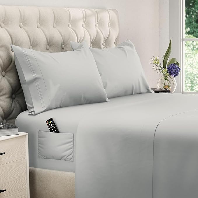 DREAMCARE Twin XL Sheet Sets - Cooling Bed Sheets - 4pcs Set - up to 15" Deep Pocket Twin XL Sheets - XL Twin Sheet Set – Soft & Long Lasting 100% Fine Brushed Polyester with Side Pocket - Light Gray - LeafyLoom