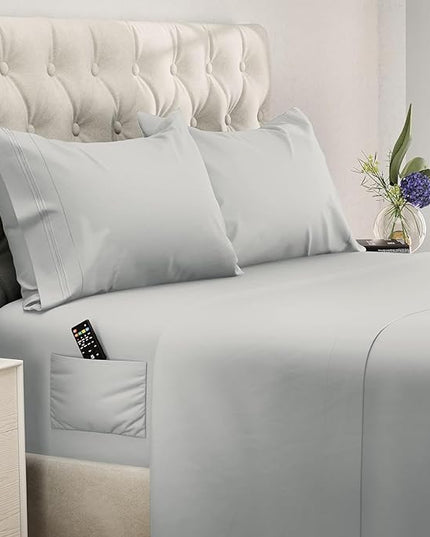 DREAMCARE California King Sheet Sets - Cooling Bed Sheets - 4pcs Set - up to 15" Deep Pocket Cal King Sheets - California King Sheets - Soft & Lasting 100% Brushed Polyester with Side Pocket - L Gray - LeafyLoom