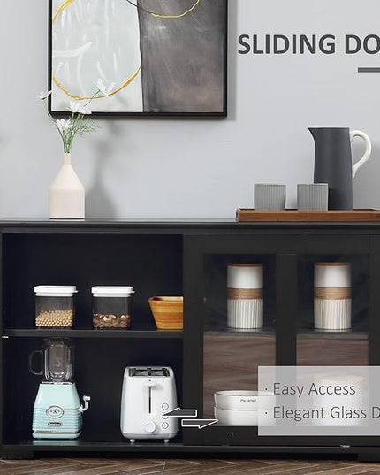 HOMCOM Sideboard Buffet Cabinet, Stackable Credenza, Coffee Bar Cabinet with Sliding Glass Door and Adjustable Shelf, Black - LeafyLoom