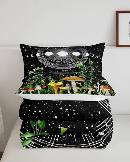 Cute Mushroom Comforter Set Sun and Moon All Season Down Comforter for Kids Boys Girls Teens Trippy Decor Boho Galaxy Constellations Bedding Set Starry Sky Wild Flowers Quilt Set Room Decor Full Size - LeafyLoom