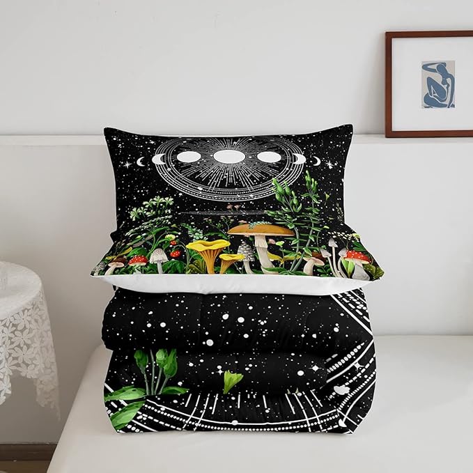 Cute Mushroom Comforter Set Sun and Moon All Season Down Comforter for Kids Boys Girls Teens Trippy Decor Boho Galaxy Constellations Bedding Set Starry Sky Wild Flowers Quilt Set Room Decor Full Size - LeafyLoom