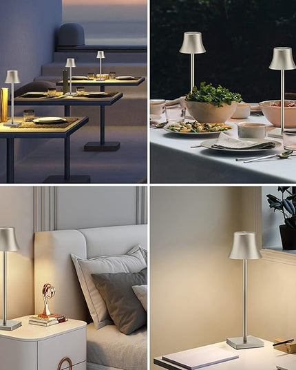 2 Pack LED Cordless Table Lamps Rechargeable,5000mAh Battery Operated Table Light,3 Color Stepless Dimming,Portable Small Desk Lamp in Aluminum for Party Patio Restaurant Indoor/Outdoor(Silver) - LeafyLoom