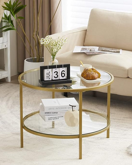 VINGLI Glass Coffee Table, 25.6" Round Champagne Gold Coffee Tables for Living Room, 2-Tier Glass Top Coffee Table with Storage Clear Coffee Table, Simple & Modern Center Table for Small Space - LeafyLoom