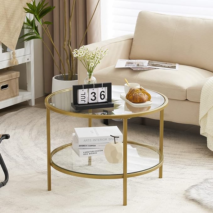 VINGLI Glass Coffee Table, 25.6" Round Champagne Gold Coffee Tables for Living Room, 2-Tier Glass Top Coffee Table with Storage Clear Coffee Table, Simple & Modern Center Table for Small Space - LeafyLoom