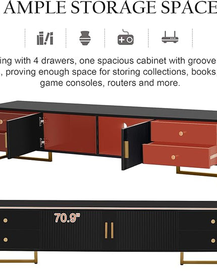 Merax Modern TV Stand for 65+ Inch Television, Entertainment Center Media Console Table with Storage, Cabinet Furniture for Living Room, 70.90 inch Length, Black - LeafyLoom