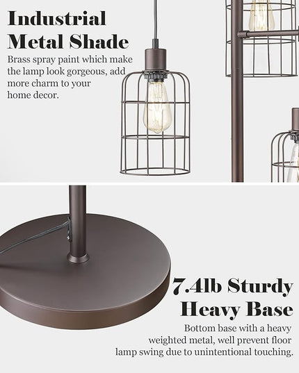 Upgraded Stepless Dimmable Tree Floor Lamp, 3 LED Edison Bulbs Included, ELYONA Farmhouse 71” Tall Pole Reading Standing Light with Industrial Cage Metal Shade for Bedroom, Living Room, Office, Bronze - LeafyLoom