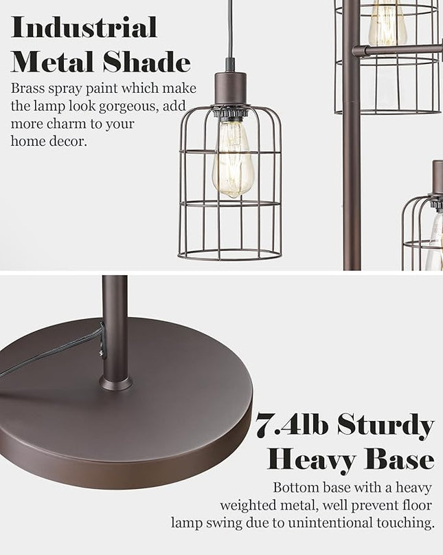 Upgraded Stepless Dimmable Tree Floor Lamp, 3 LED Edison Bulbs Included, ELYONA Farmhouse 71” Tall Pole Reading Standing Light with Industrial Cage Metal Shade for Bedroom, Living Room, Office, Bronze - LeafyLoom