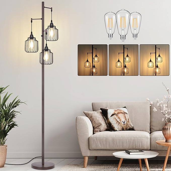 Dimmable Industrial Floor Lamp with 3 LED Edsion Bulbs, Farmhouse Tall Standing Lamp for Living Room, Rustic Brown Tree Floor Lamp, Bright Vintage Pole Light with Cage Shades for Bedroom Home Decor - LeafyLoom