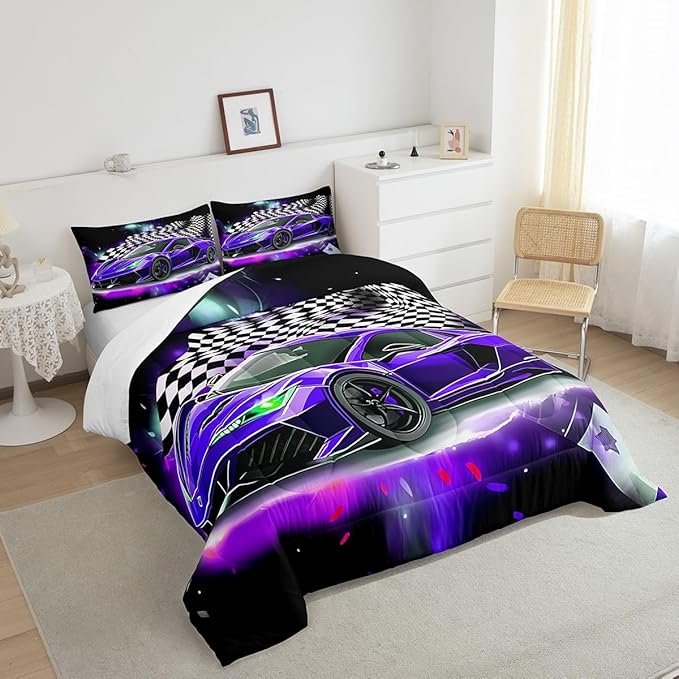 Purple Race Car Comforter Set Full Size, Black White Lattice Bedding Set 2pcs for Kids Boys Teens Room Decor,Extreme Sport Games Quilt Set,Cool Modern Duvet Insert with 2 Pillowcases - LeafyLoom