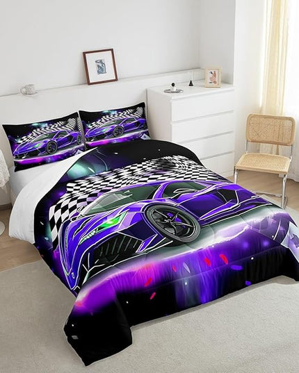 Purple Race Car Comforter Set Twin Size, Black White Lattice Bedding Set 2pcs for Kids Boys Teens Room Decor,Extreme Sport Games Quilt Set,Cool Modern Duvet Insert with 1 Pillowcase - LeafyLoom