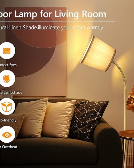 LED Floor Lamp, Standing Lamp for Living Room with Linen Lamp Shade,Adjustable Gooseneck Modern Reading Light,Floor Lamps for Bedroom,Office,Farmhouse,12W LED Bulb Included - LeafyLoom