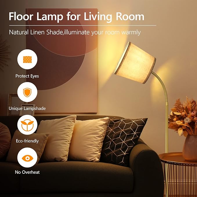 LED Floor Lamp, Standing Lamp for Living Room with Linen Lamp Shade,Adjustable Gooseneck Modern Reading Light,Floor Lamps for Bedroom,Office,Farmhouse,12W LED Bulb Included - LeafyLoom