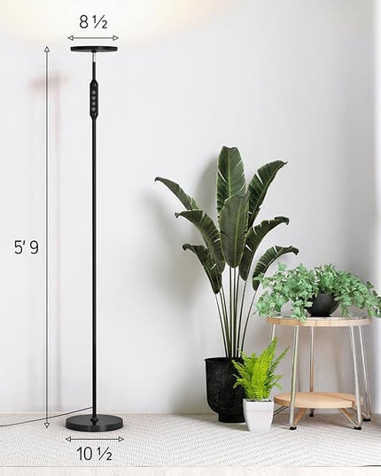 LED Daylight Floor Lamp - Free Standing Lamps for Living Room or Bedroom - 24W Black Modern Uplight Torchiere Stand Light- 3 Dimmable Modes - Natural Day, Warm, Super Bright - Corner Tall Torch Lights - LeafyLoom